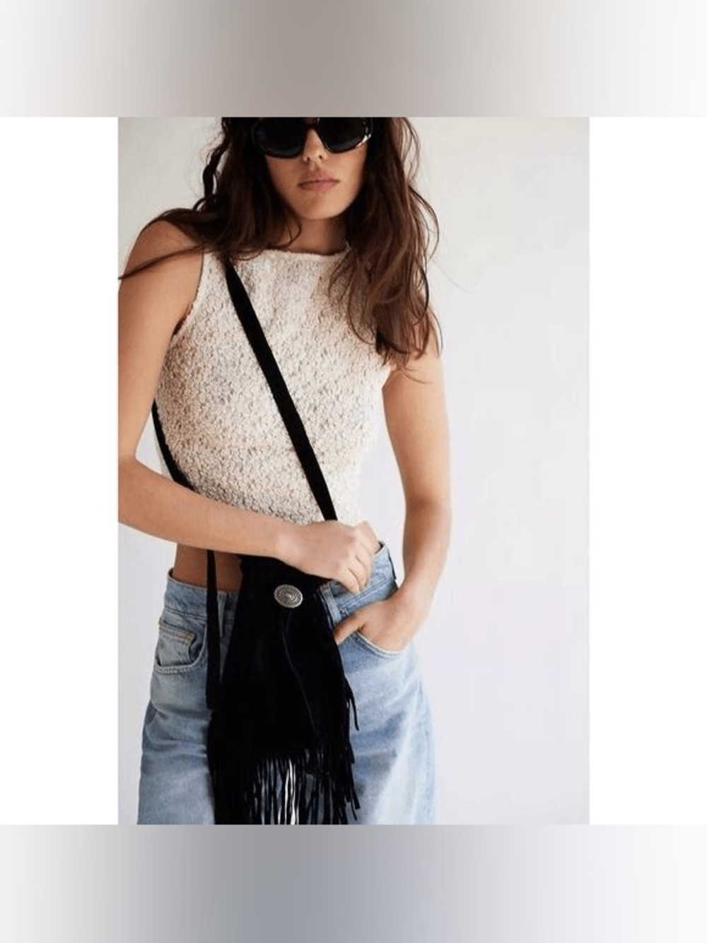 New Free People Calamity Fringe Crossbody Bag BlackSuede Western Country Cottage